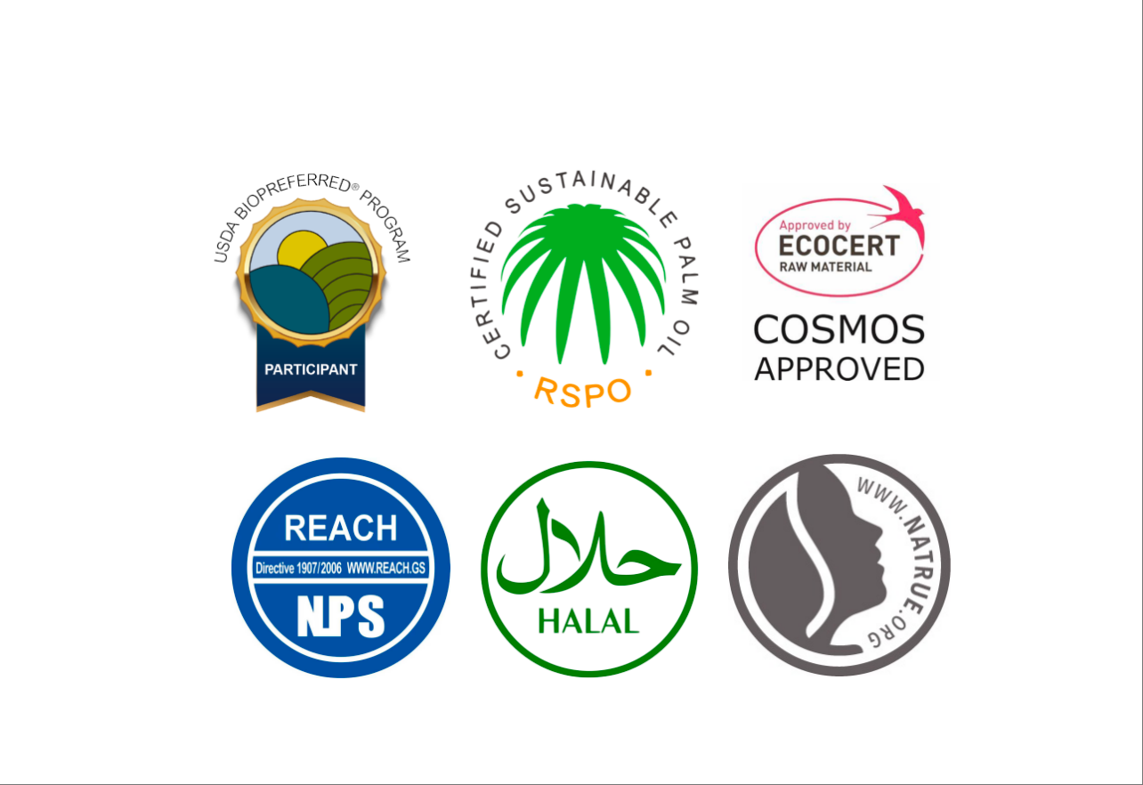 Certified by USDA, RSPO,COSMOS,HALAL,REACH and NATRUE